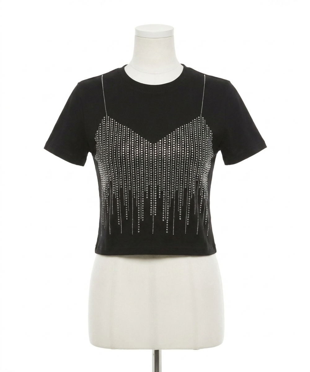 NEW SHE + SKY rhinestone faux bra embellished t-shirt in black